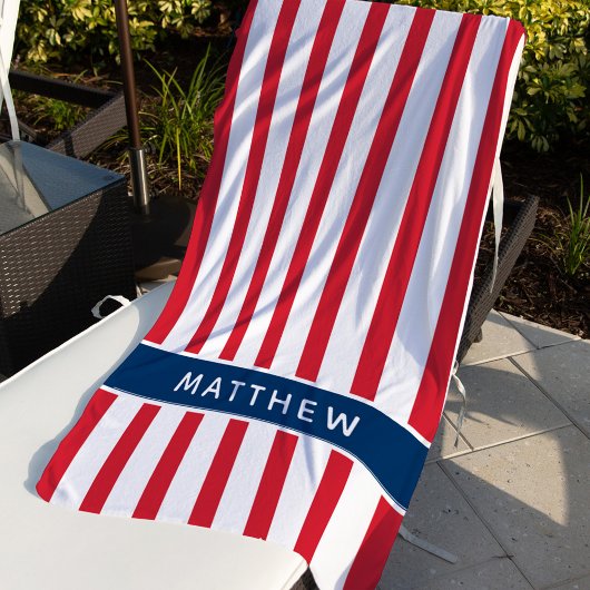 Patriottische rode streep blauwe monogramnaam strandlaken