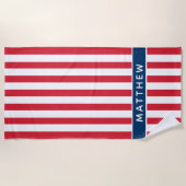 Patriottische rode streep blauwe monogramnaam strandlaken (Voorkant)