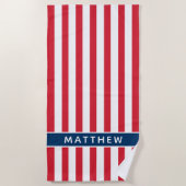 Patriottische rode streep blauwe monogramnaam strandlaken (Voorkant)