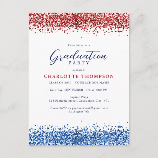 Patriottische Rode Witte Blauwe Moderne Glitter Af Uitnodiging Briefkaart (Voorkant)