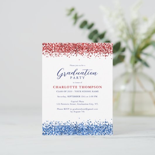 Patriottische Rode Witte Blauwe Moderne Glitter Af Uitnodiging Briefkaart (Staand voorkant)