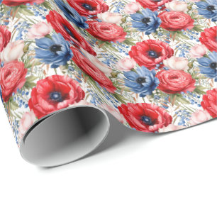 Patriottische Rode Witte en Blauwe Bloemen Cadeaupapier
