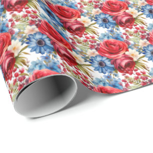 Patriottische rode witte en blauwe bloemen cadeaupapier
