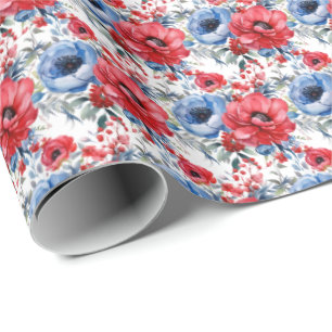 Patriottische rode witte en blauwe bloemen cadeaupapier