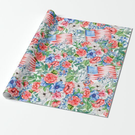 Patriottische rode witte en blauwe bloemen op 4 ju cadeaupapier (Uitgerold)