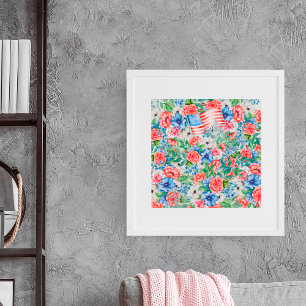 Patriottische rode witte en blauwe bloemen op 4 ju poster