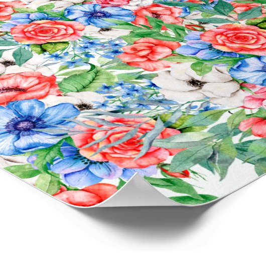 Patriottische rode witte en blauwe bloemen op 4 ju poster (Hoek)