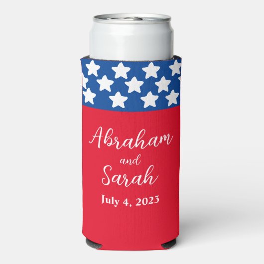 Patriottische rode, witte en blauwe bruiloft seltzer blikjeskoeler (Seltzer Achterkant)