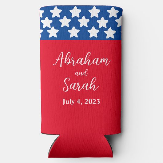 Patriottische rode, witte en blauwe bruiloft seltzer blikjeskoeler (Achterkant)