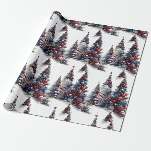 Patriottische rode witte en blauwe kerstbomen cadeaupapier (Uitgerold)