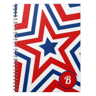 Patriottische rode witte en blauwe sterren, monogr notitieboek