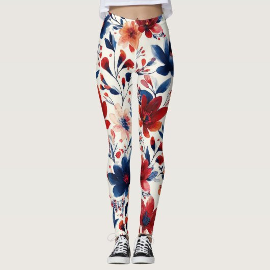 Patriottische Rood Blauw Wit Bloem (10) Leggings (Voorkant)