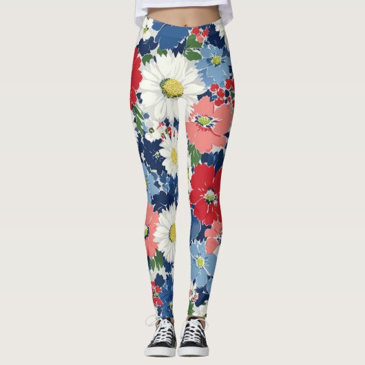 Patriottische Rood Blauw Wit Bloem (3) Leggings (Voorkant)