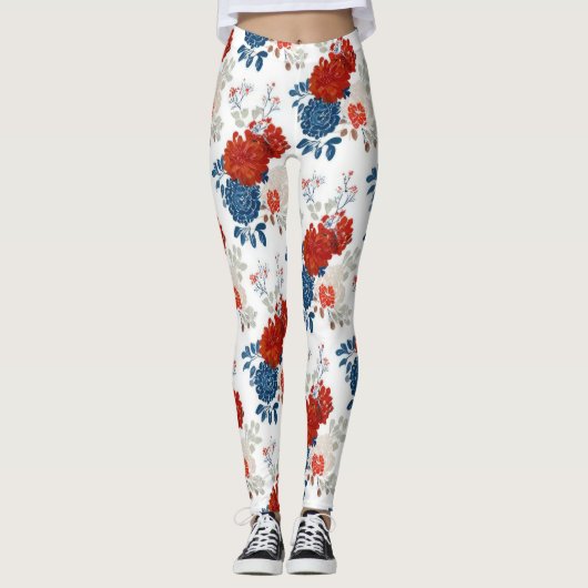 Patriottische Rood Blauw Wit Bloem (4) Leggings (Voorkant)