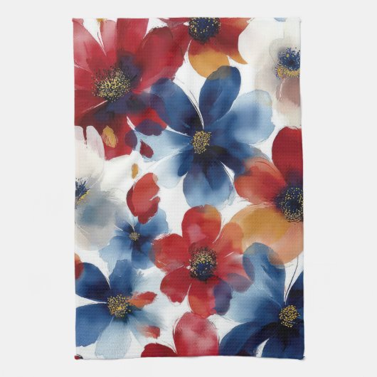 Patriottische Rood Blauw Wit Bloem (5) Theedoek (Verticaal)