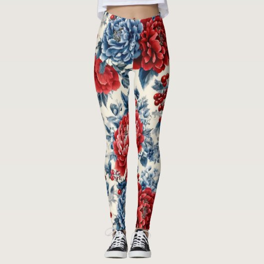 Patriottische Rood Blauw Wit Bloem (7) Leggings (Voorkant)