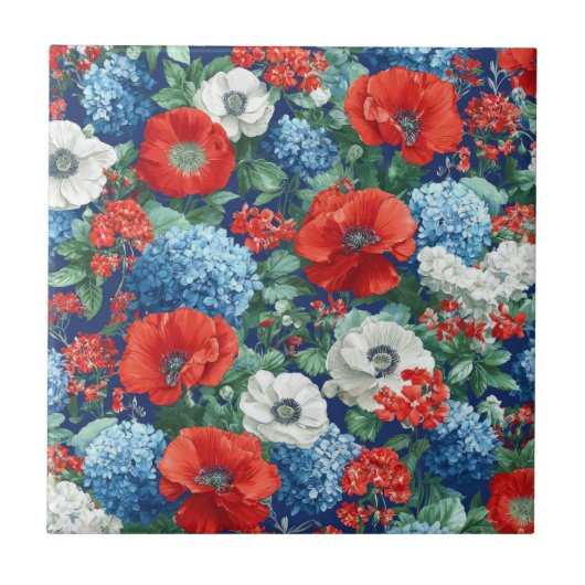 Patriottische Rood Blauw Witte Bloem (1) Tegeltje (Voorkant)