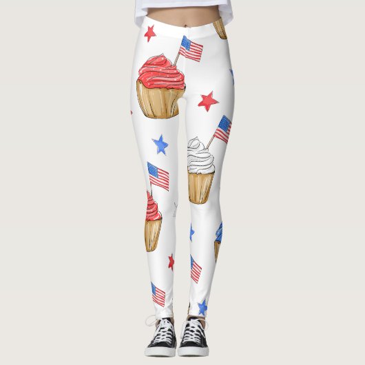 Patriottische Rood Wit Blauw Cupcake Vlag Ster Wor Leggings (Voorkant)