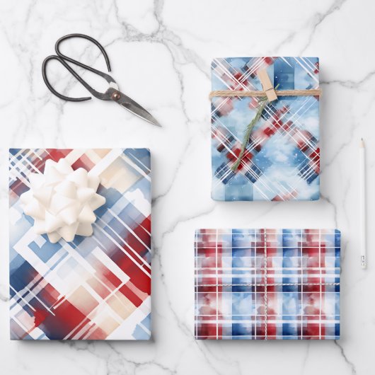 Patriottische Rood Wit Blauw Plaid Complementaire  Inpakpapier Vel (Voorkant)