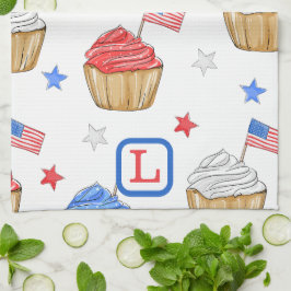 Patriottische Rood Wit Blauw Vlag Cupcakes Monogra Theedoek
