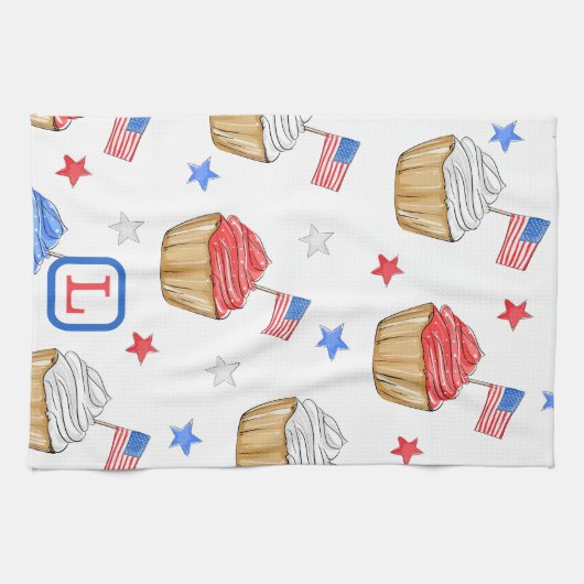 Patriottische Rood Wit Blauw Vlag Cupcakes Monogra Theedoek (Horizontaal)