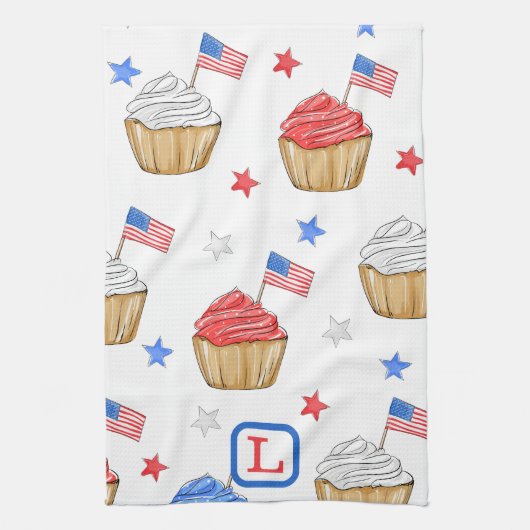 Patriottische Rood Wit Blauw Vlag Cupcakes Monogra Theedoek (Verticaal)