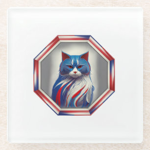 Patriottische Rood Wit & Blauwe Kat In Frame Glazen Onderzetter