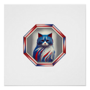 Patriottische Rood Wit & Blauwe Kat In Frame Perfect Poster
