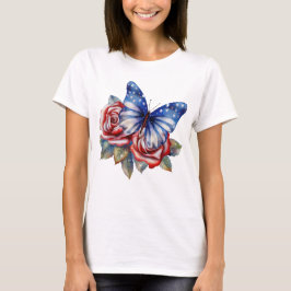 PATRIOTTISCHE ROOD WIT BLAUWE VLINDER EN BLOEMEN T-SHIRT