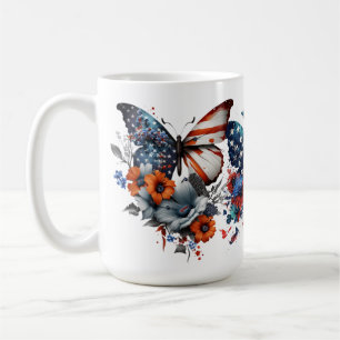 PATRIOTTISCHE ROOD WIT BLAUWE VLINDERS BLOEMEN KOFFIEMOK