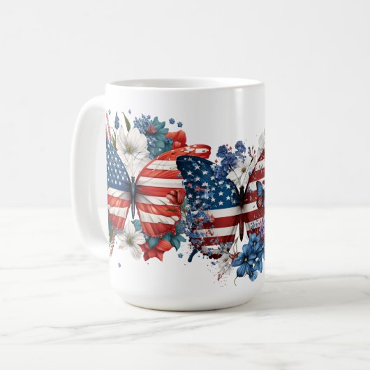 PATRIOTTISCHE ROOD WIT BLAUWE VLINDERS BLOEMEN KOFFIEMOK (Voorkant links)