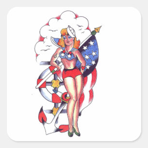 Patriottische Sailor Meisje Tattoo Art Vierkante Sticker