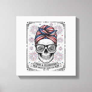 Patriottische Schedel Vuurwerk Vintage Gravure Shi Canvas Afdruk