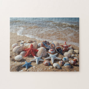 Patriottische schelpen en zeesterren op een zandst legpuzzel