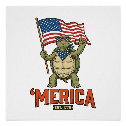 Patriottische Schildpad 'Merica Vintage Vector Perfect Poster (Voorkant)