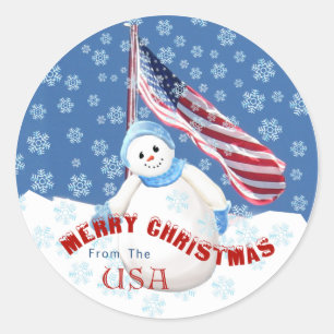 Patriottische Sneeuwman Kerst stickers met Amerika