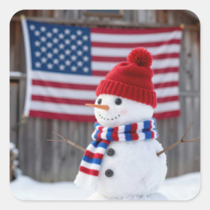 Patriottische Sneeuwman Met Amerikaanse Vlag Vierkante Sticker