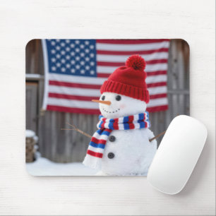 Patriottische Sneeuwman Met een Amerikaanse Vlag Muismat