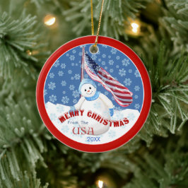 Patriottische Snowman en Vlag kerstversiering Keramisch Ornament