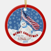 Patriottische Snowman en Vlag kerstversiering Keramisch Ornament (Voorkant)