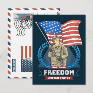 Patriottische Soldaat met Amerikaanse Vlag Ansicht Feestdagenkaart