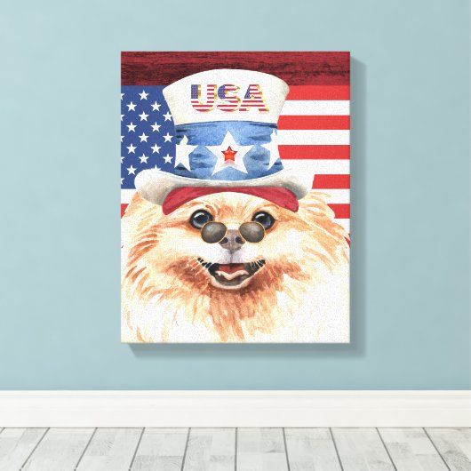 Patriottische Speelgoed pom Hond Amerikaanse vlag Canvas Afdruk (Insitu (Houten vloer))