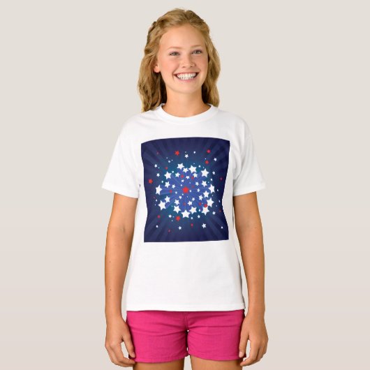 Patriottische Starburst Rood Wit en Blauw USA T-shirt (Voorkant volledig)