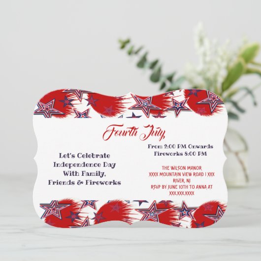 Patriottische Sterren 4th Juli Vuurwerk Feest Rood Kaart (Staand voorkant)