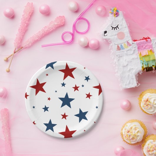 Patriottische sterren in rood wit en blauw patroon papieren bordje (Feest)