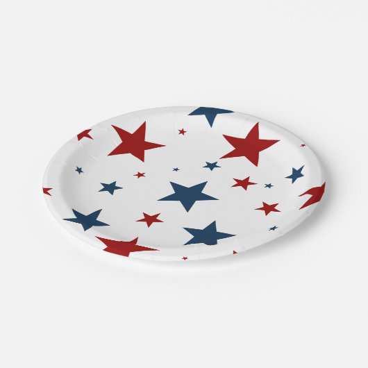 Patriottische sterren in rood wit en blauw patroon papieren bordje (Gekanteld)