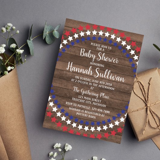 Patriottische sterren Rustic, 4 juli Baby shower Kaart