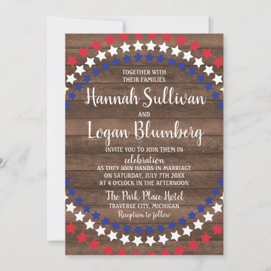 Patriottische sterren Rustic Fourth of Juli Weddin Kaart (Voorkant)