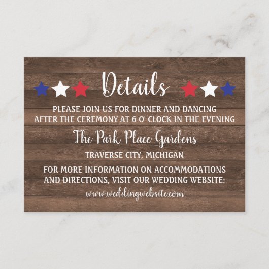 Patriottische sterren Rustic Vierde juli Details Informatiekaartje (Voorkant)