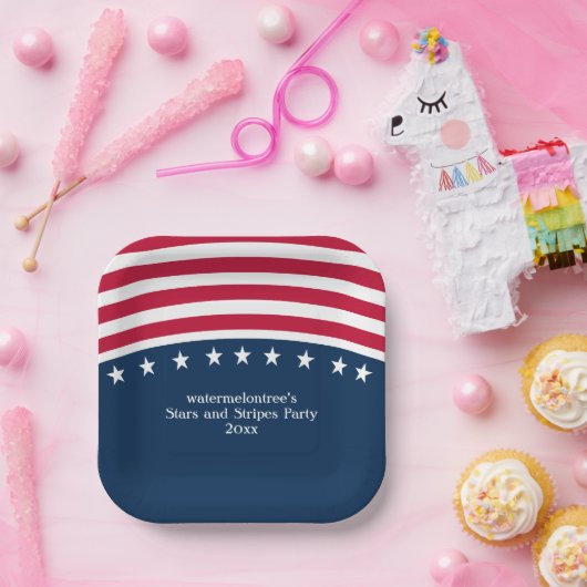 Patriottische Sterren Strepen Rood Wit Blauw Plein Papieren Bordje (Feest)